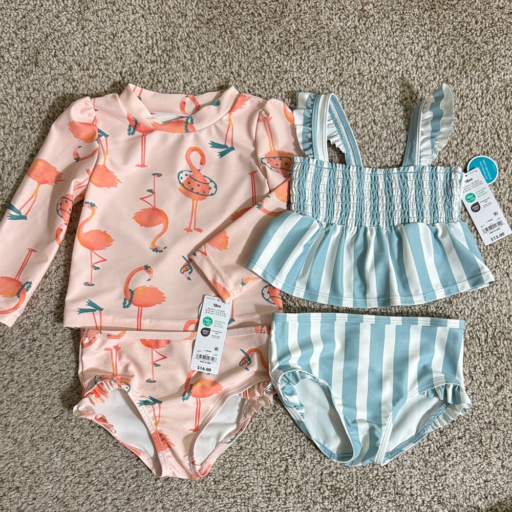 Child of Mine Flamingo and Striped Swim Rashguard Set
